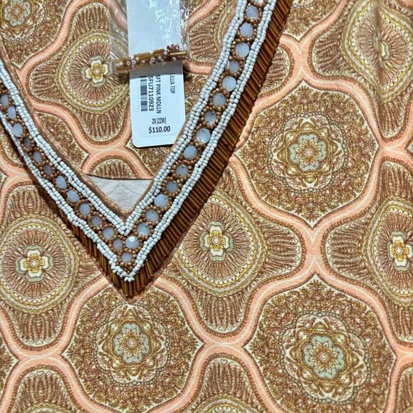 Soft Surroundings Lillia Beaded V Neck Tunic Top 2X 3/4 Sleeves Medallion Print - Picture 7 of 12